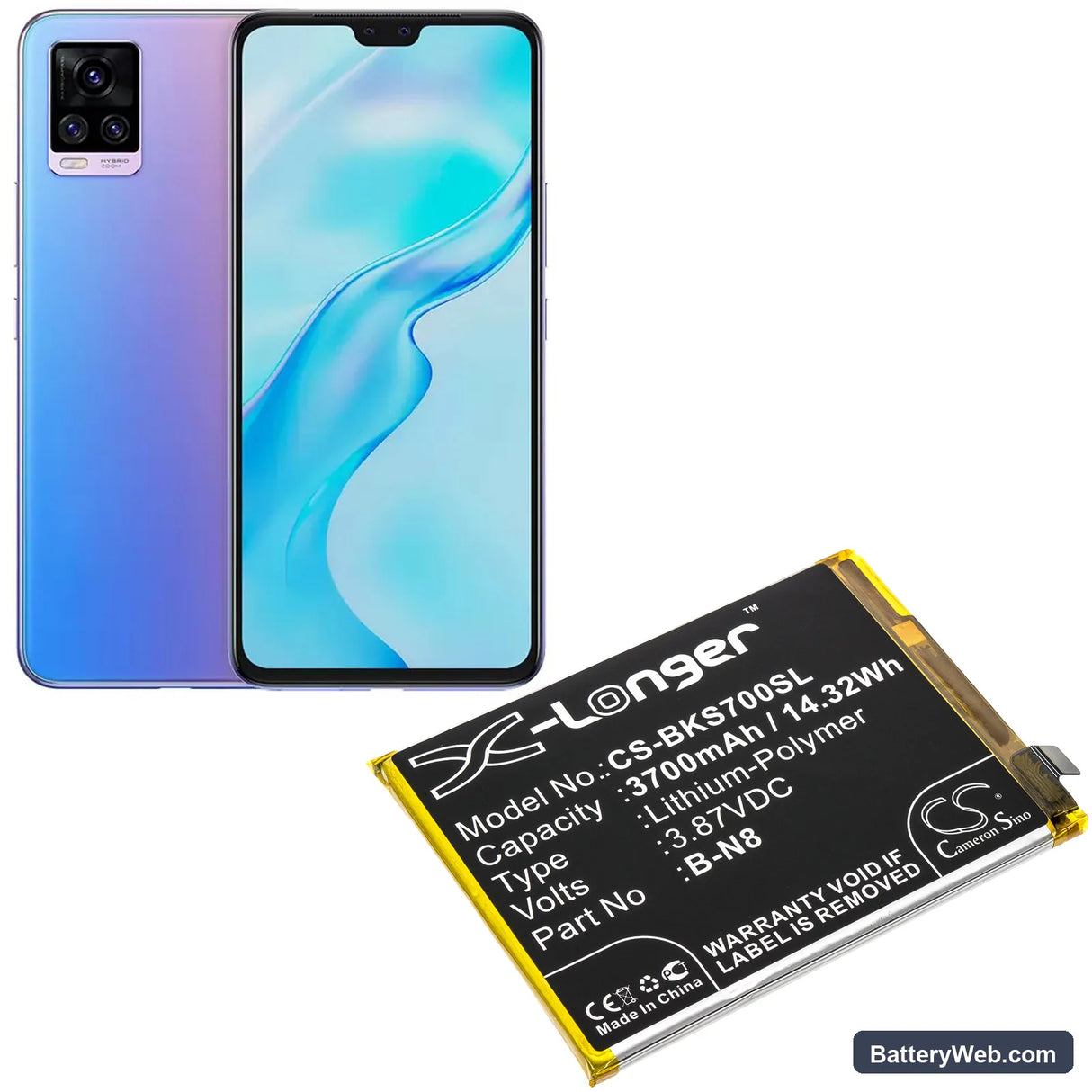 Vivo S7 5G Replacement Battery, 3.87V, 3700mAh, Li-Polymer 5