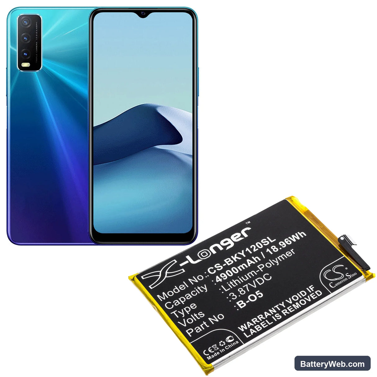 Vivo Y12 Replacement Battery, 3.87V, 4900mAh, Li-Polymer 5