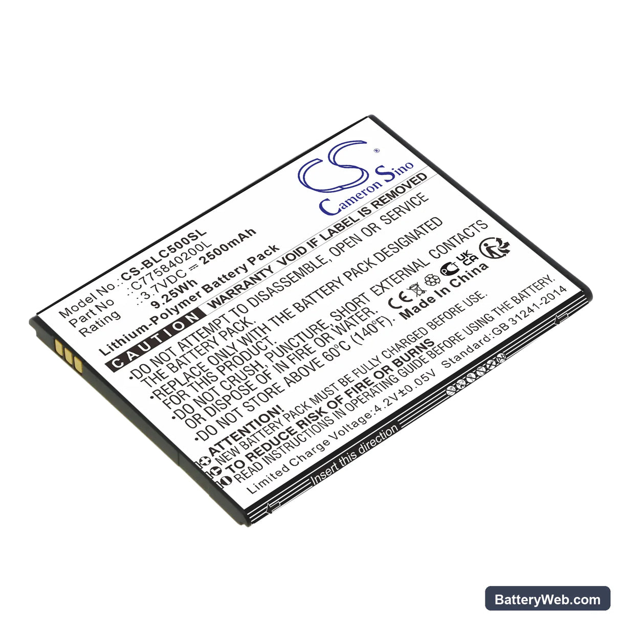 BLU C5 Replacement Battery, 3.7V, 2500mAh, Li-Polymer 1