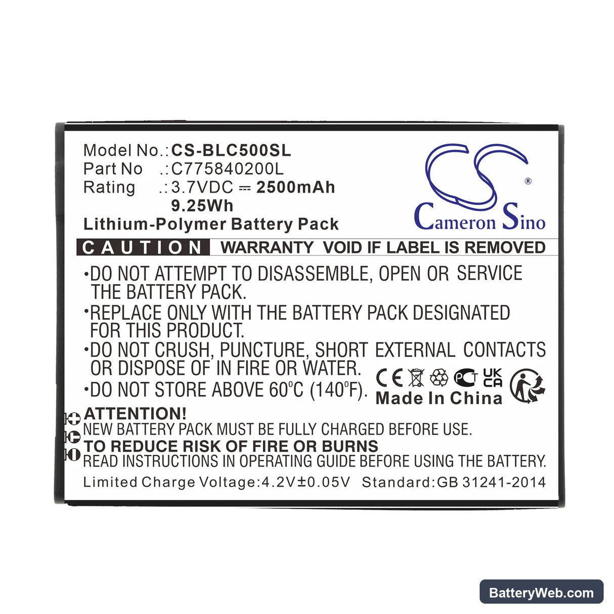 BLU C5 Replacement Battery, 3.7V, 2500mAh, Li-Polymer 3