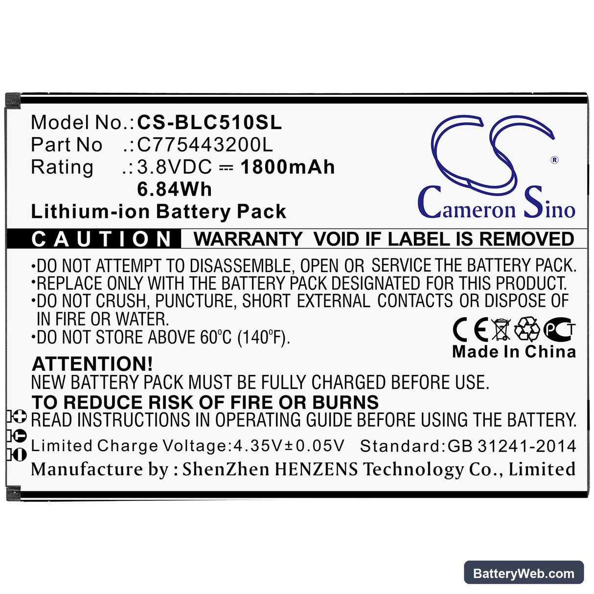 BLU C5L Replacement Battery, 3.8V, 1800mAh, Li-ion 3