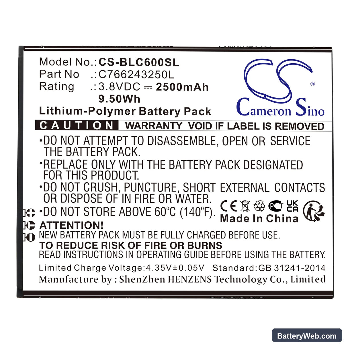 BLU C6 Replacement Battery, 3.8V, 2500mAh, Li-Polymer 3