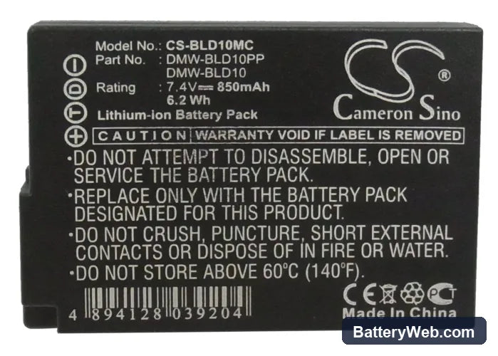 Panasonic Lumix DMC-GF2 Replacement Battery, 7.4V, 850mAh, Li-ion 4