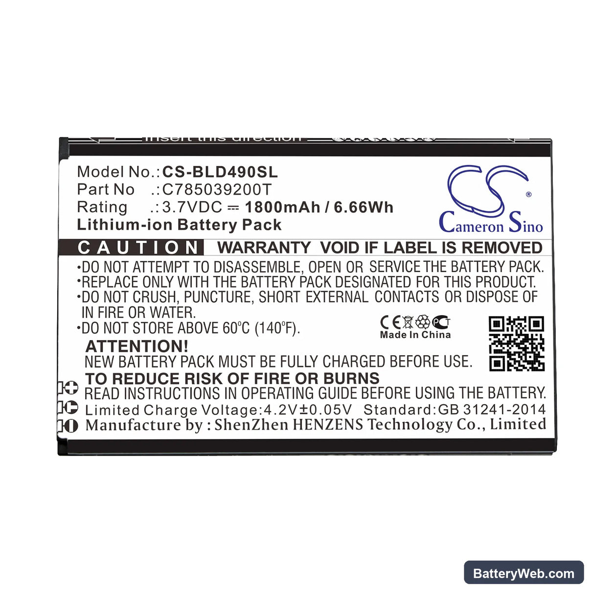 BLU Dash G Replacement Battery, 3.7V, 1800mAh, Li-ion 3