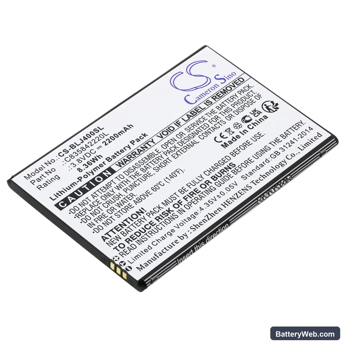 BLU J4 Replacement Battery, 3.8V, 2200mAh, Li-Polymer 1