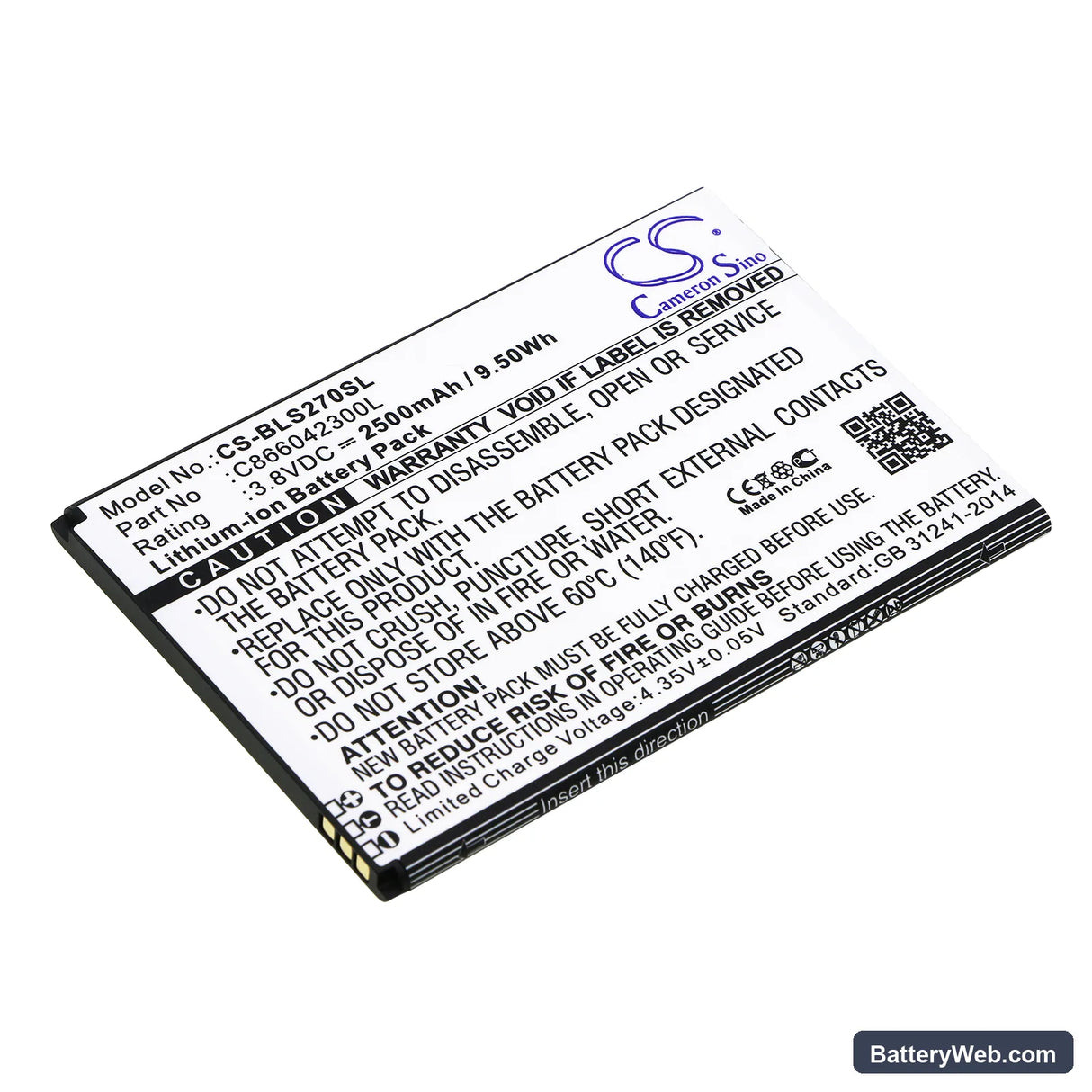 BLU Studio C 8.8 Replacement Battery, 3.8V, 2500mAh, Li-ion 1