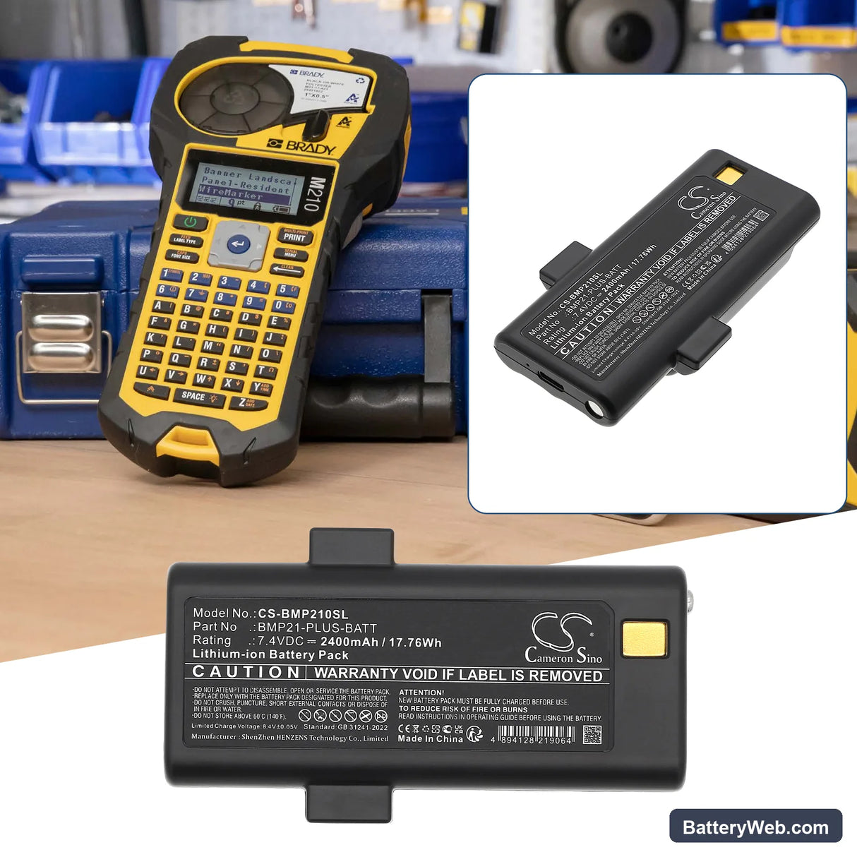 Brady BMP21 Plus Replacement Battery, 7.4V, 2400mAh, Li-ion 7