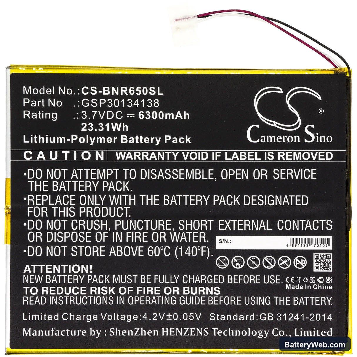 Barnes & Noble Nook 10.1 Replacement Battery, 3.8V, 6300mAh, Li-Polymer 3
