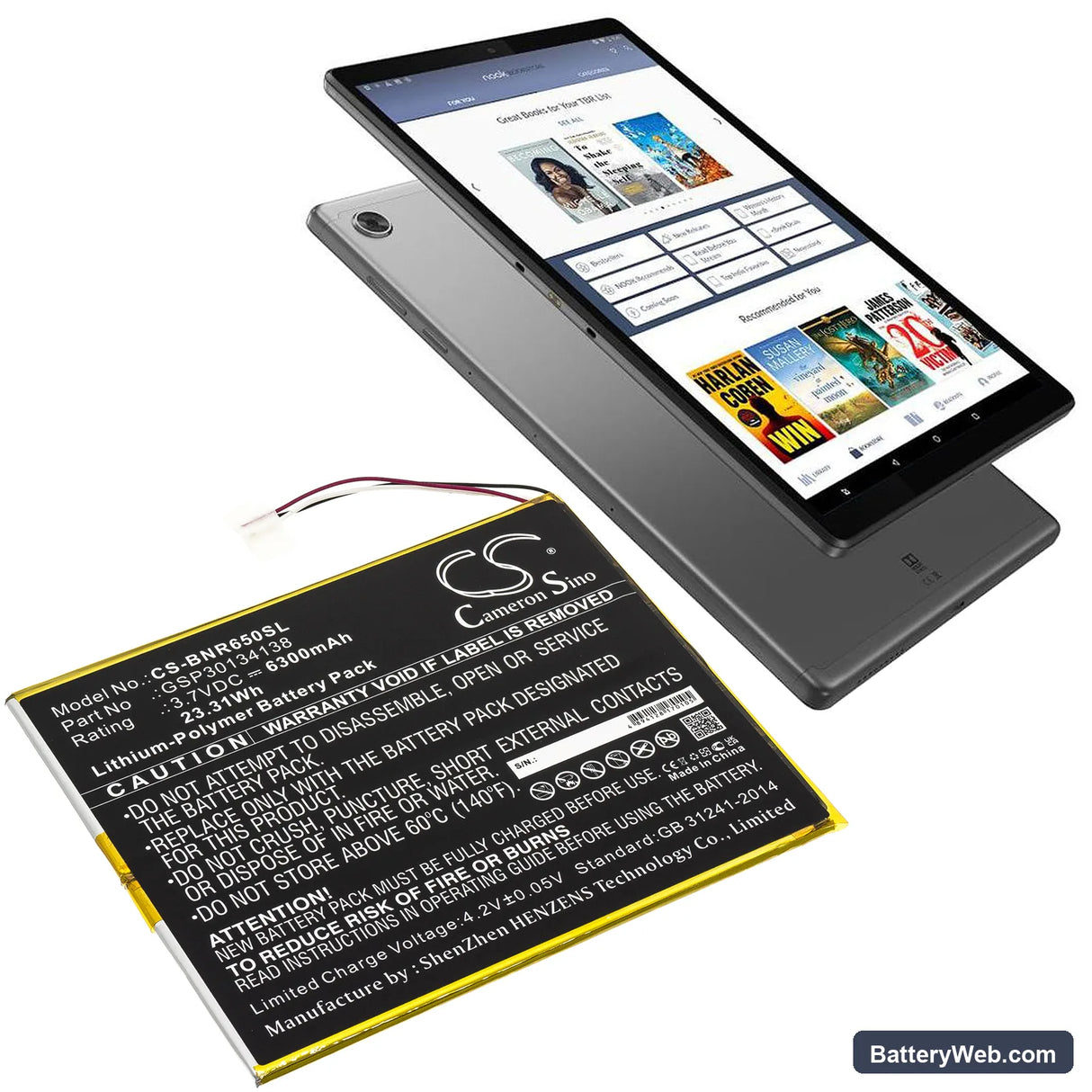Barnes & Noble Nook 10.1 Replacement Battery, 3.8V, 6300mAh, Li-Polymer 5