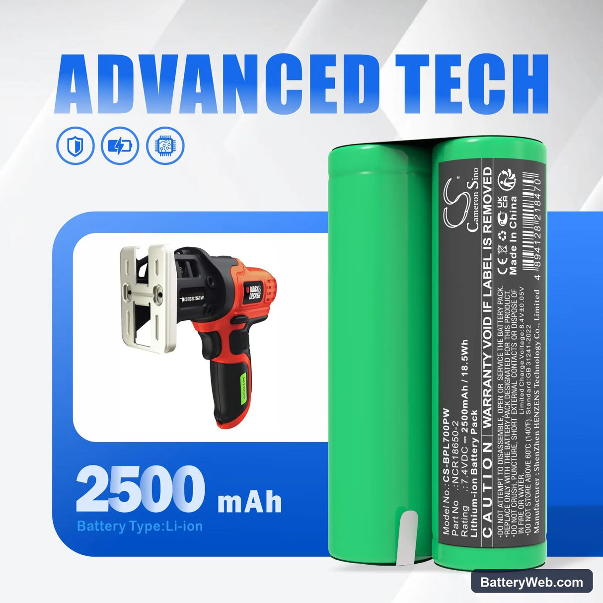Black & Decker 2372-01 Replacement Battery, 7.4V, 2500mAh, Li-ion 7