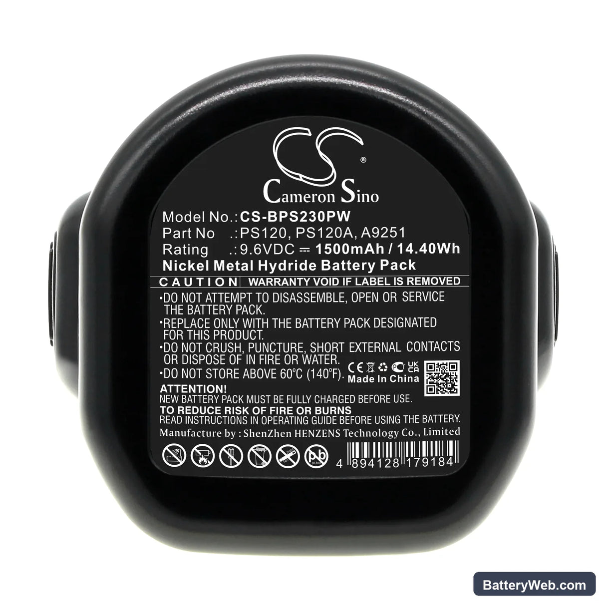 Black & Decker CD231 Replacement Battery, 9.6V, 1500mAh, Ni-MH 5