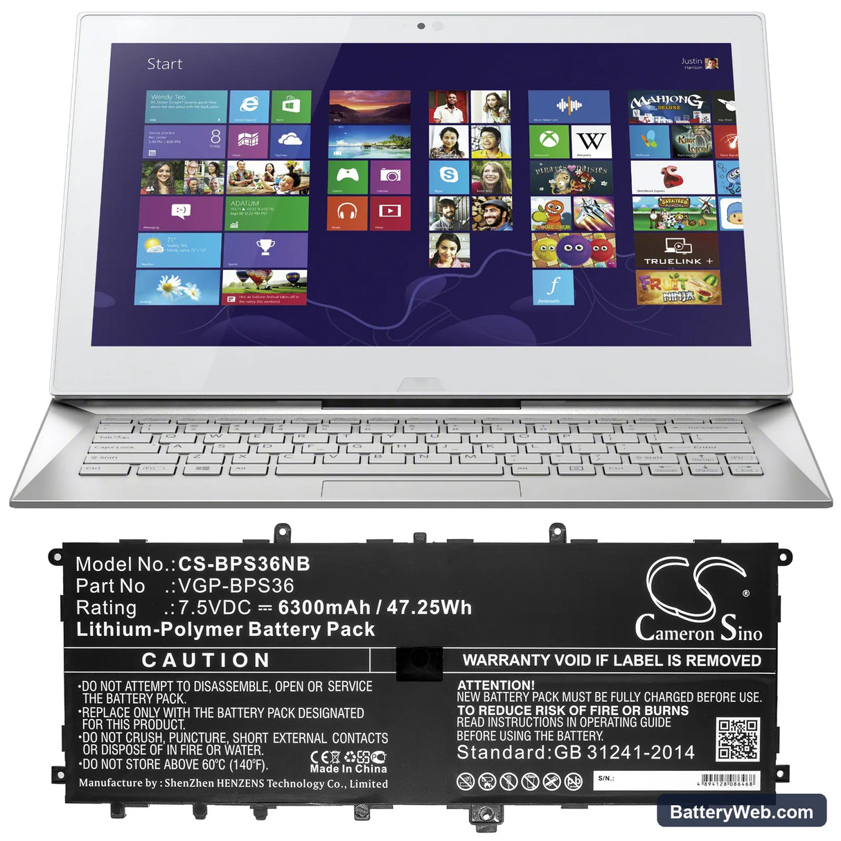 Sony VAIO Duo 13 Replacement Battery, 7.5V, 6300mAh, Li-Polymer 5