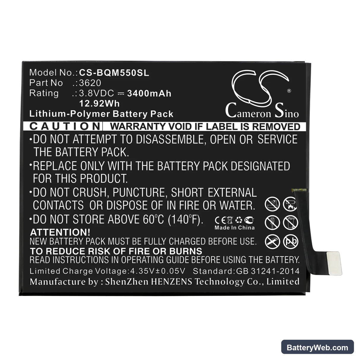 BQ Aquaris M5.5 Replacement Battery, 3.8V, 3400mAh, Li-Polymer 3