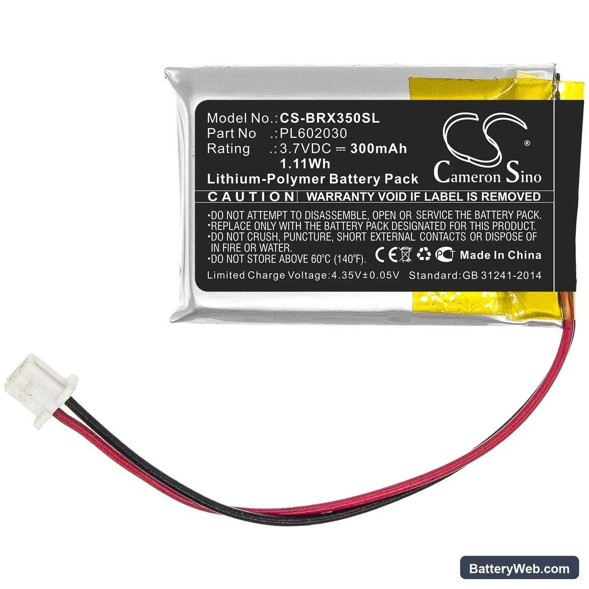 BlueParrott VXI B350-XT Replacement Battery, 3.7V, 300mAh, Li-Polymer 3