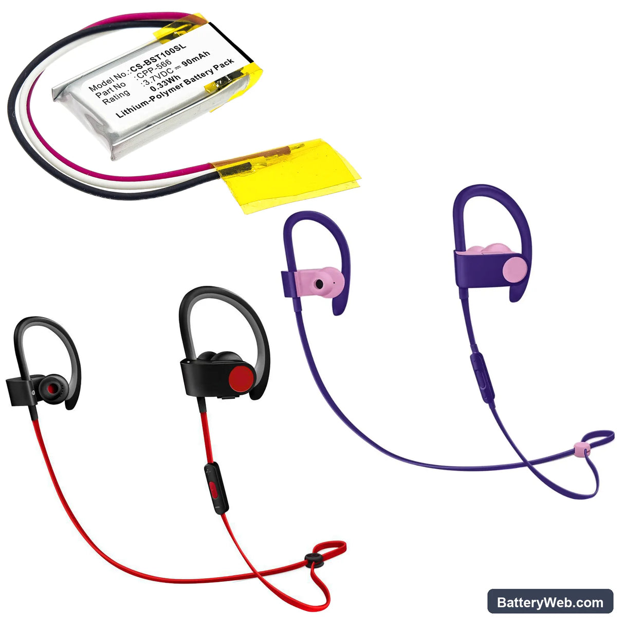 Beats Powerbeats 2 Replacement Battery, 3.7V, 90mAh, Li-Polymer 5