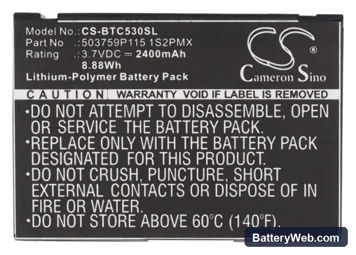 Blaupunkt Lucca 5.3 Replacement Battery, 3.7V, 2400mAh, Li-Polymer 5