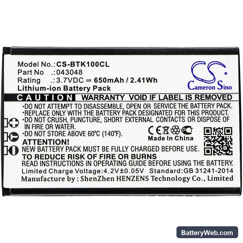 BT Elements 1K Replacement Battery, 3.7V, 650mAh, Li-ion 3