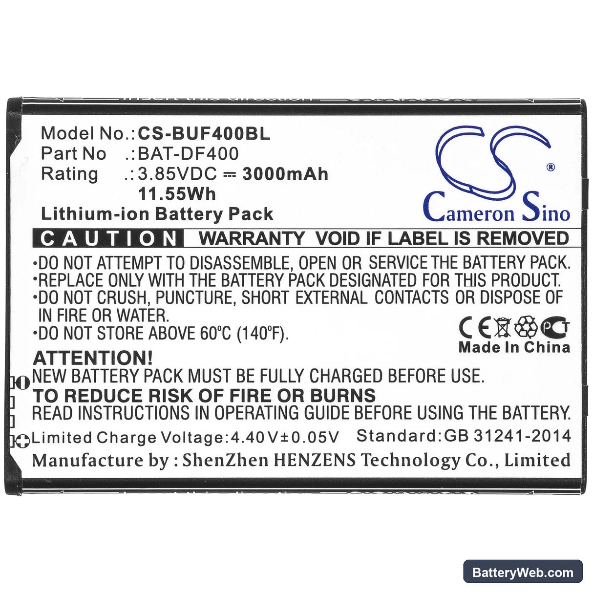 BlueBird EF400 Replacement Battery, 3.85V, 3000mAh, Li-ion 5