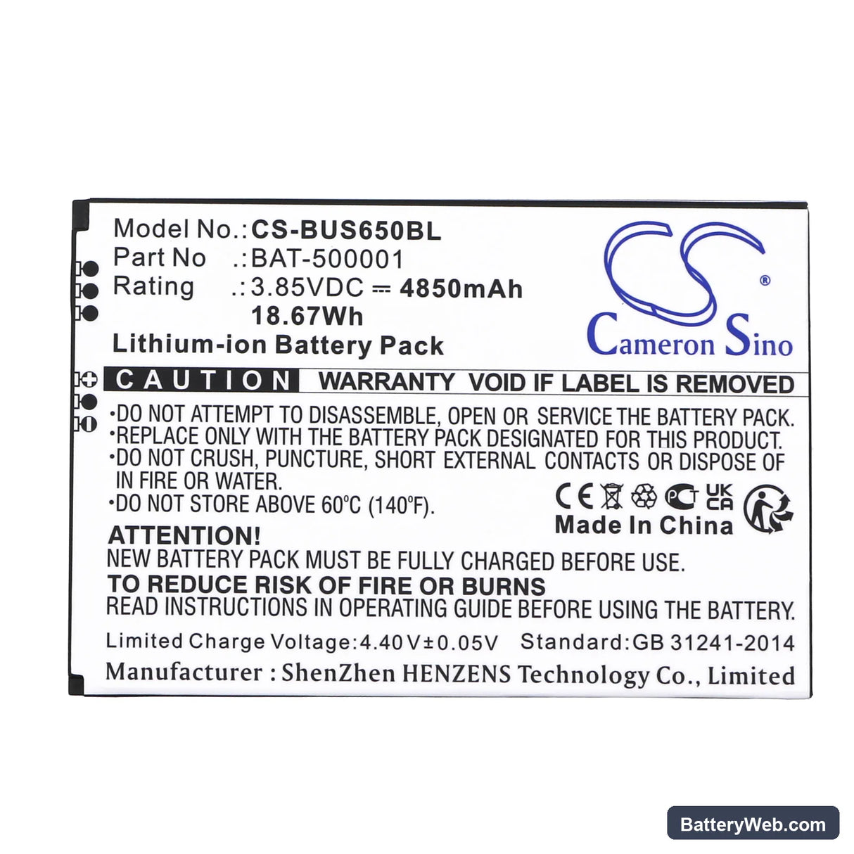 BlueBird Pidion SF6510 Replacement Battery, 3.85V, 4850mAh, Li-ion 3