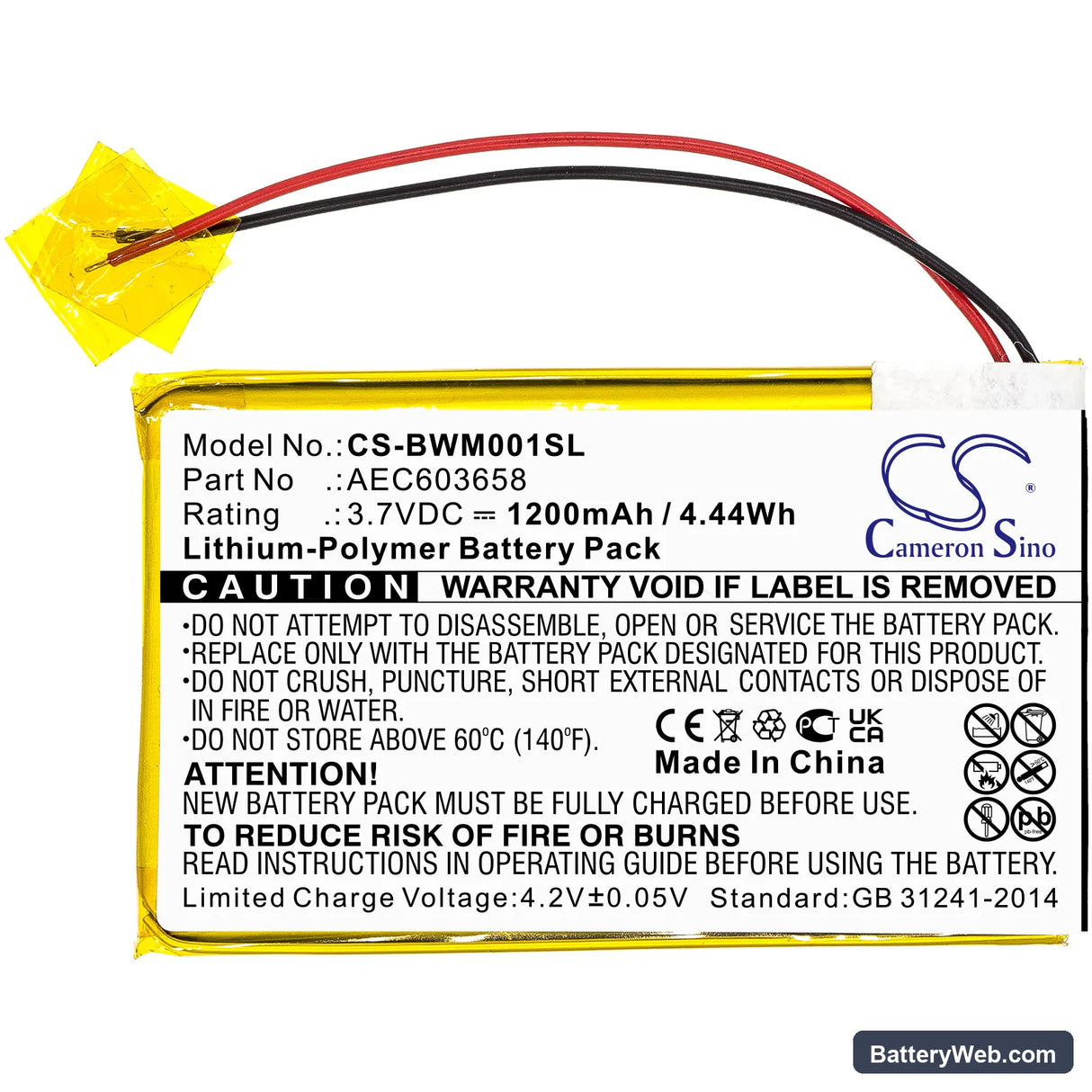 BW Gasalert Microclip Gas Detector Replacement Battery, 3.7V, 1200mAh, Li-Polymer 3