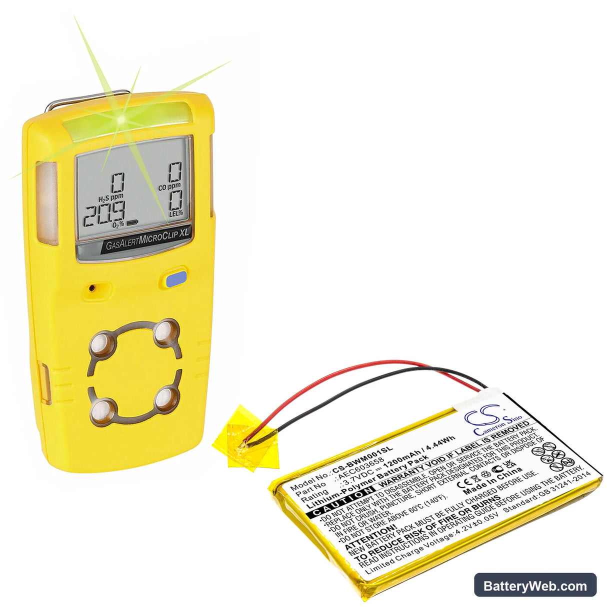 BW Gasalert Microclip Gas Detector Replacement Battery, 3.7V, 1200mAh, Li-Polymer 5