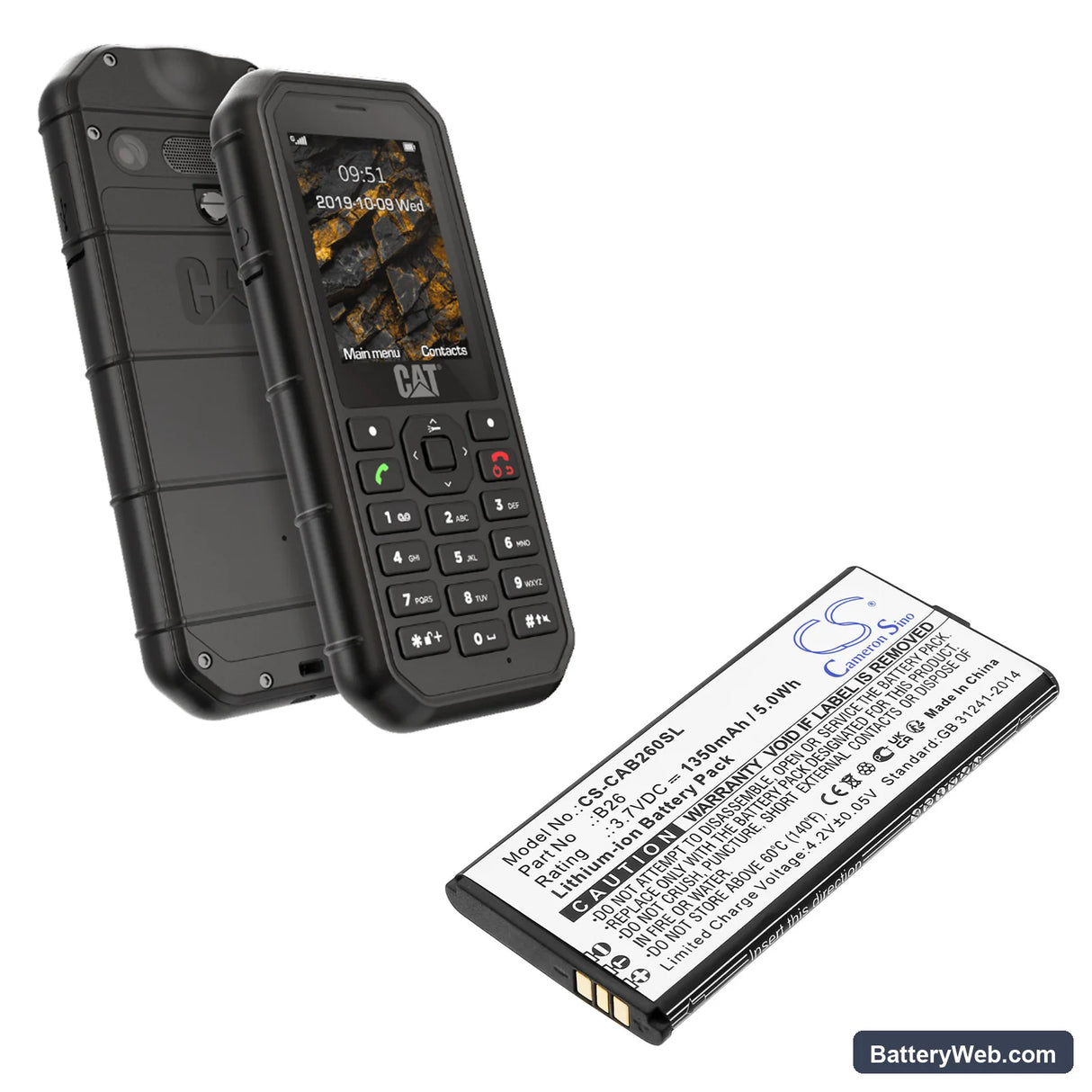 CAT B26 Replacement Battery, 3.7V, 1350mAh, Li-ion 4