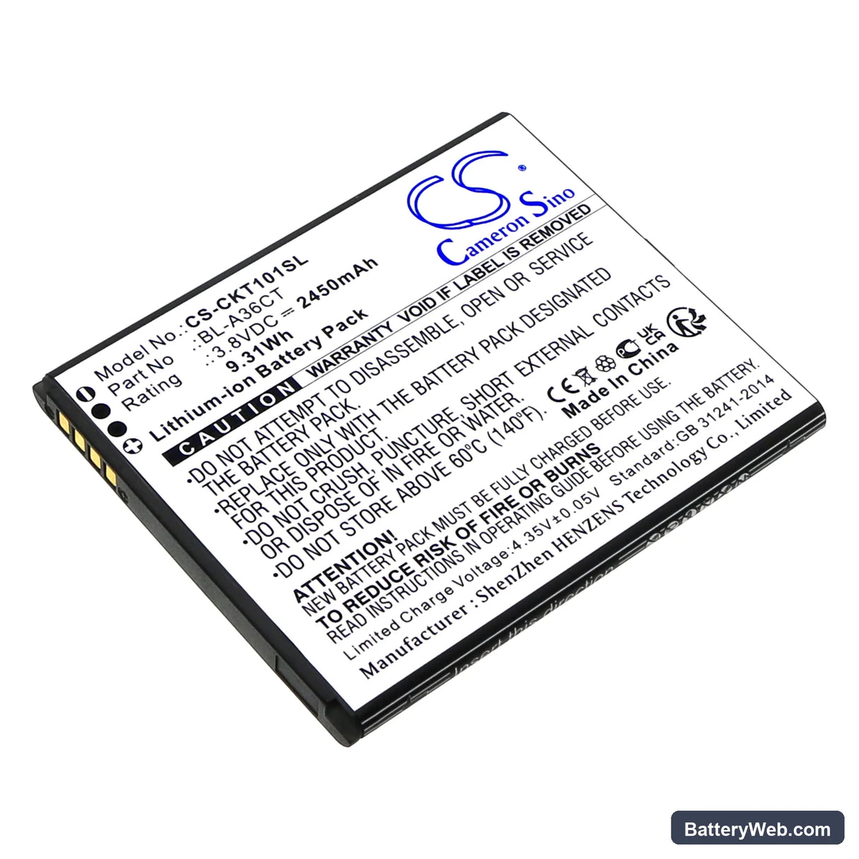 Cricket Debut Smart Replacement Battery, 3.8V, 2450mAh, Li-ion 1