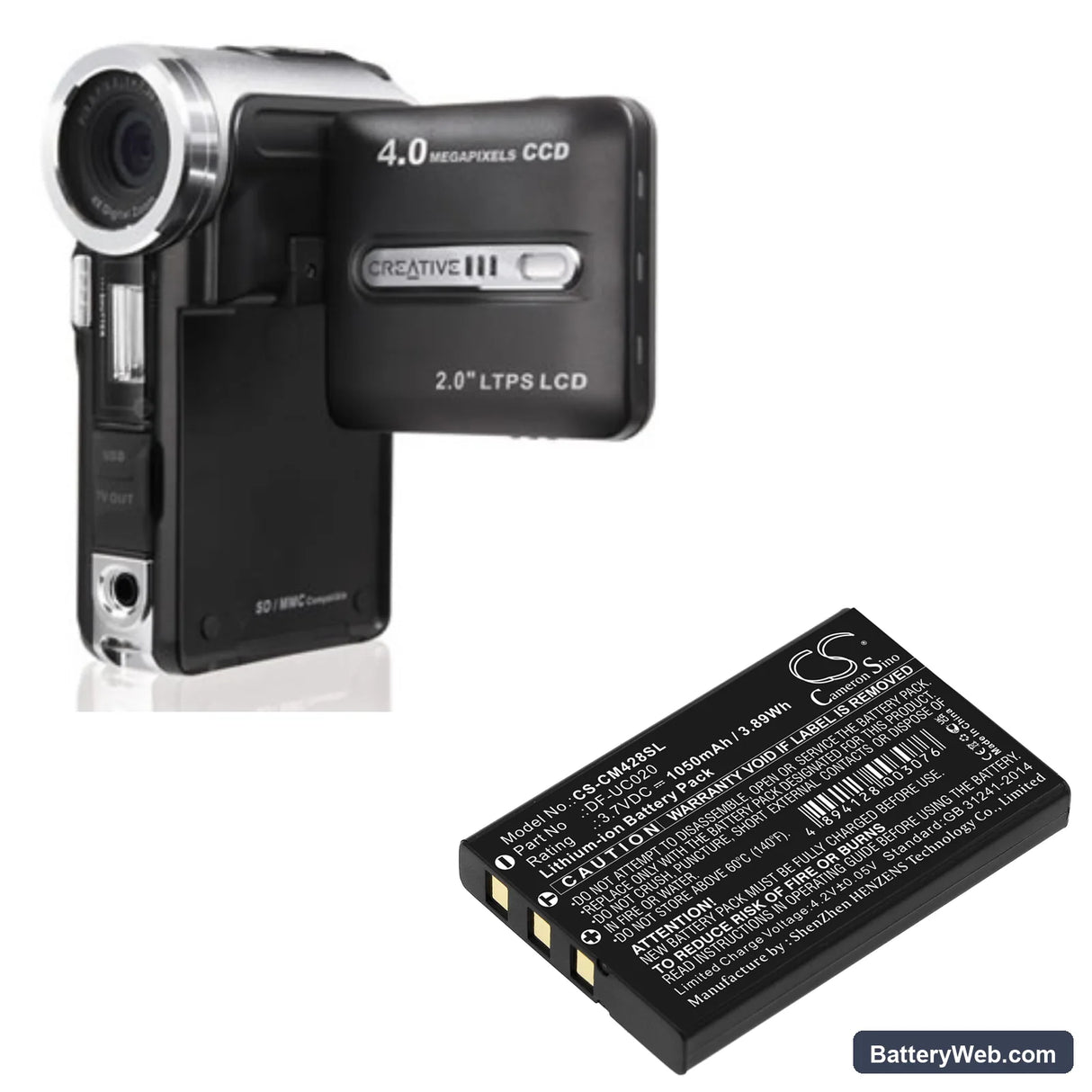 Creative DiVi CAM 428 Portable MP3 Player Replacement Battery, 3.7V, 1050mAh, Li-ion 4