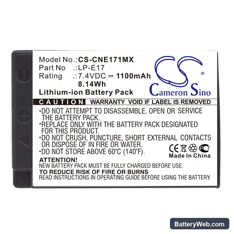 Canon EOS Kiss X8i Replacement Battery, 7.4V, 1100mAh, Li-ion 3