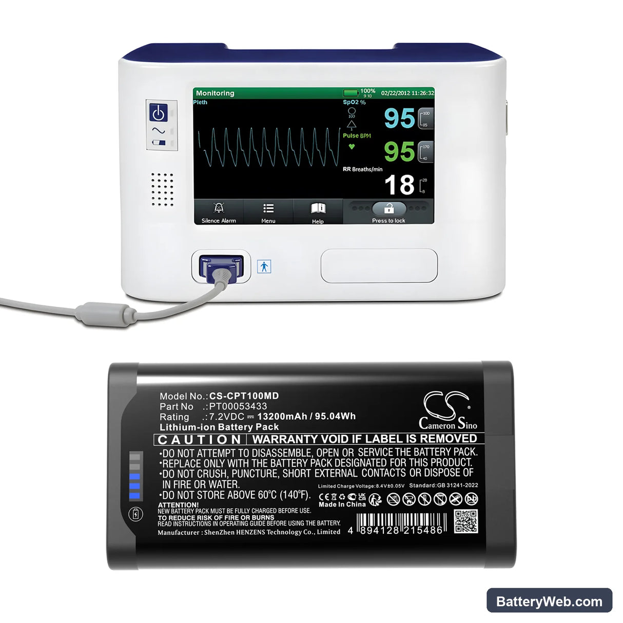 Covidien Nellcor PM1000N Pulse Oximeter Replacement Battery, 7.2V, 13200mAh, Li-ion 6