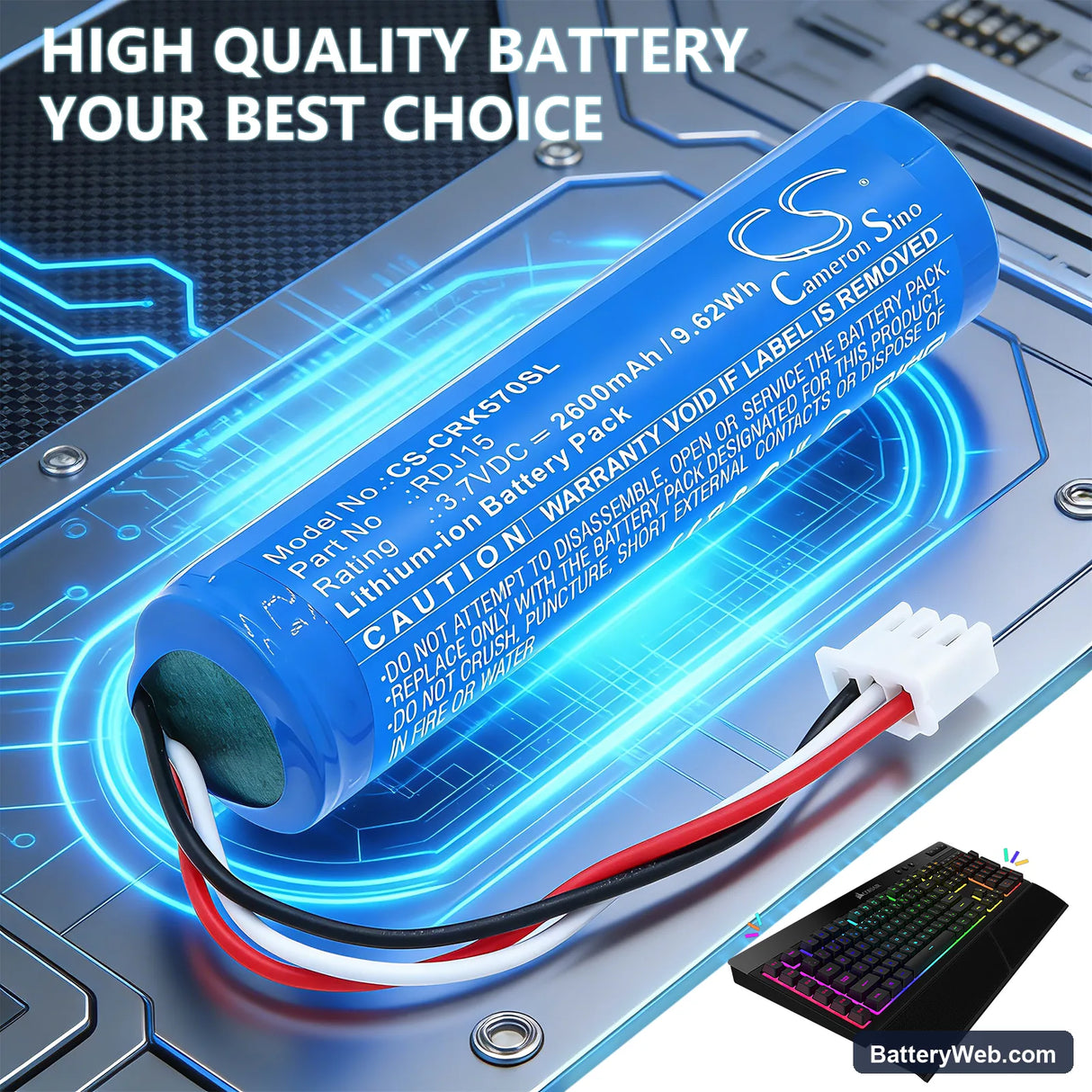 Corsair K57 RGB Wireless Gaming Keyboard Replacement Battery, 3.7V, 2600mAh, Li-ion 6