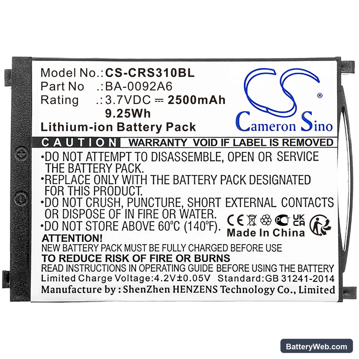 CipherLab RS31 Replacement Battery, 3.7V, 2500mAh, Li-ion 5