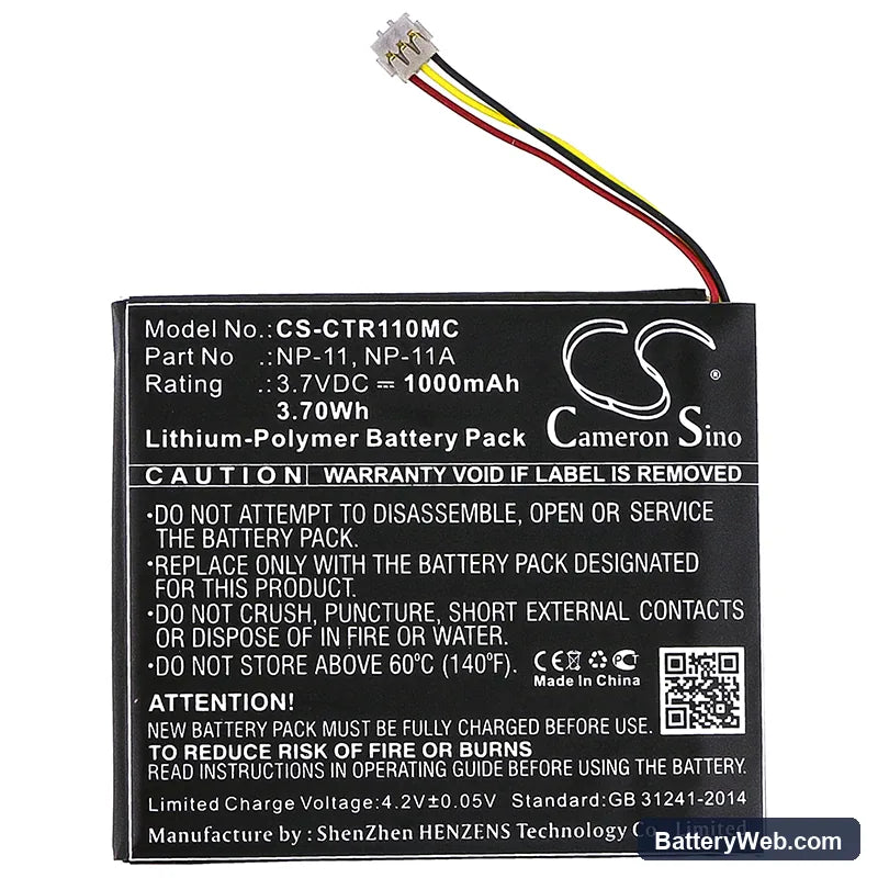 Casio TR Mini Replacement Battery, 3.7V, 1000mAh, Li-Polymer 3