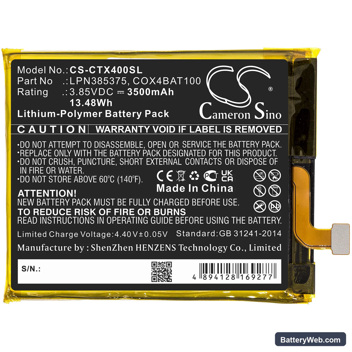 Crosscall Core X4 Replacement Battery, 3.85V, 3500mAh, Li-Polymer 3
