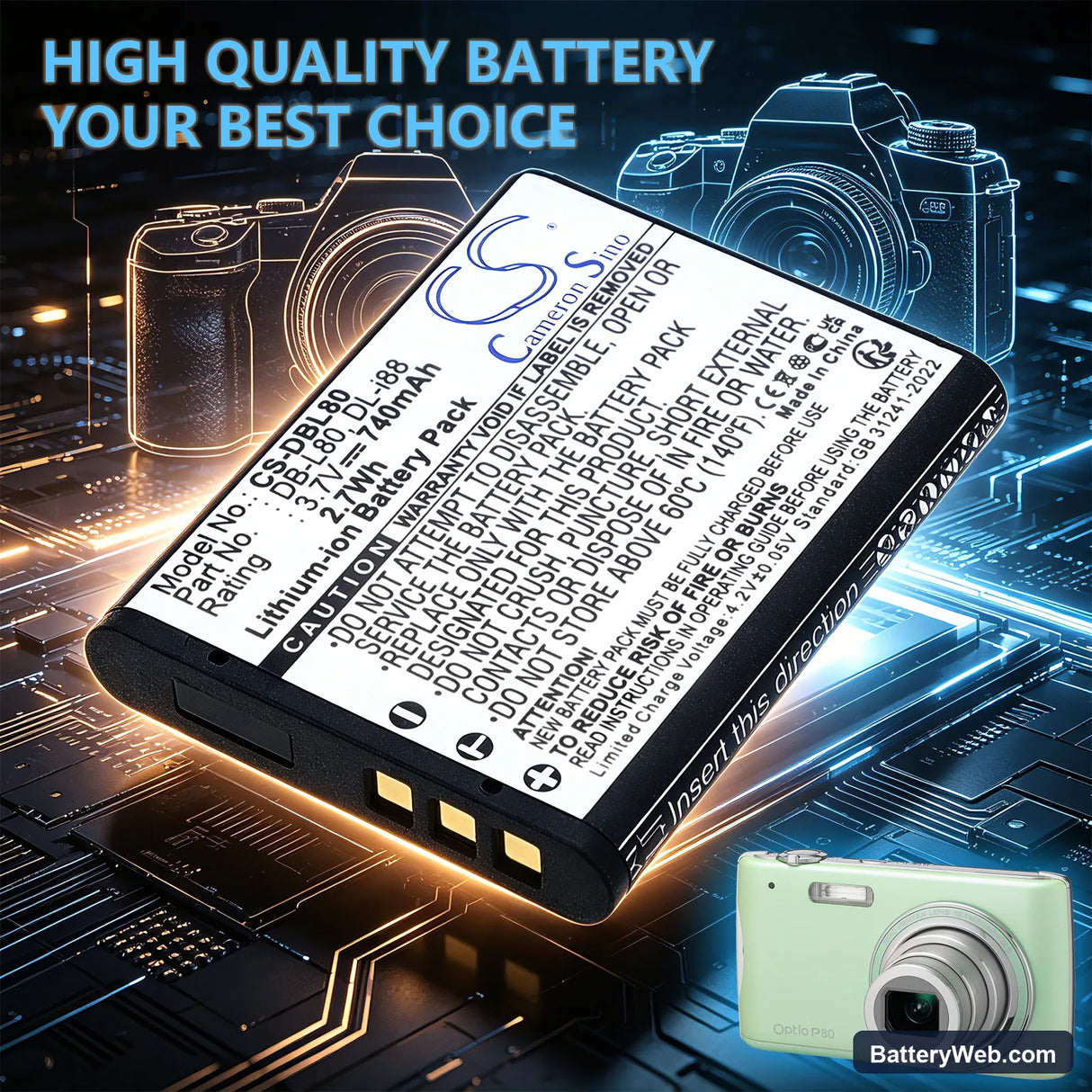 Pentax Optio P70 Replacement Battery, 3.7V, 740mAh, Li-ion 6