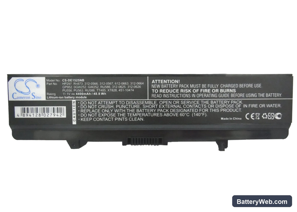 Dell Inspiron 1525 Replacement Battery, 11.1V, 4400mAh, Li-ion 5