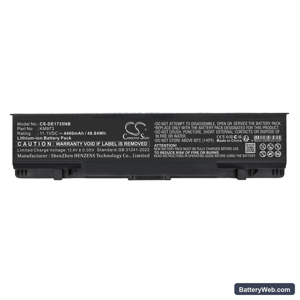 Dell Studio 1735 Replacement Battery, 11.1V, 4400mAh, Li-ion 5