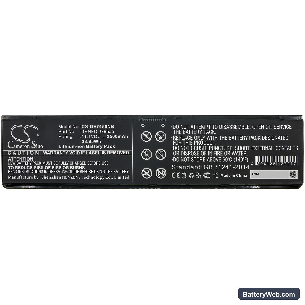 Dell Latitude 14 E7450 Replacement Battery, 11.1V, 3500mAh, Li-ion 3