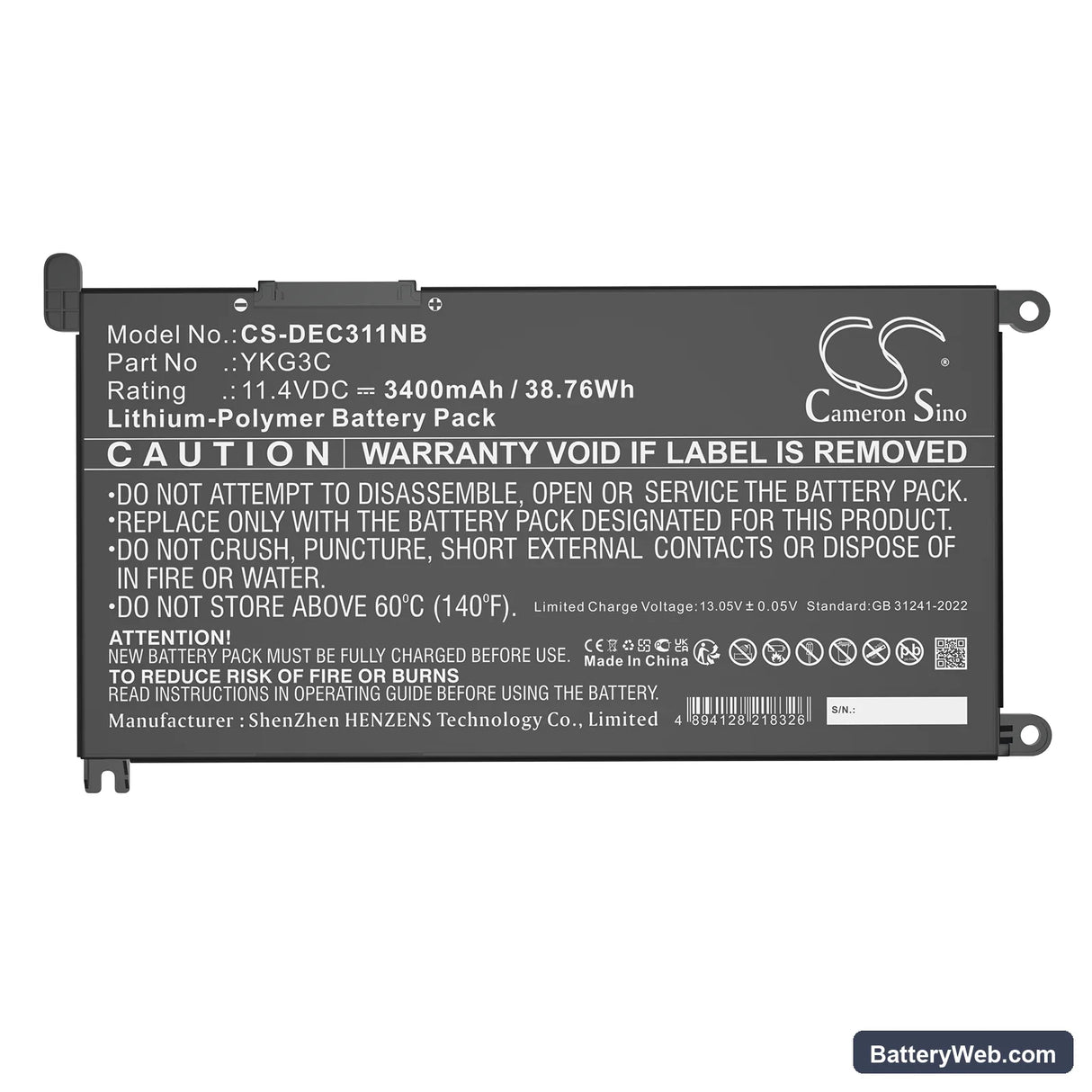 Dell Chromebook 3110 Replacement Battery, 11.4V, 3400mAh, Li-Polymer 5