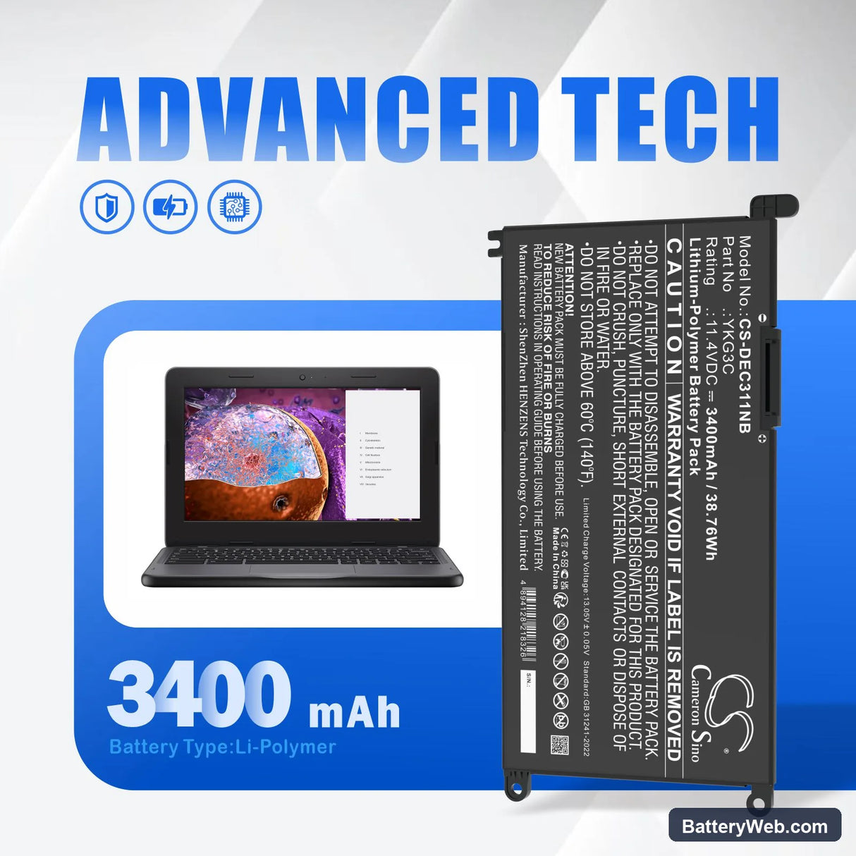 Dell Chromebook 3110 Replacement Battery, 11.4V, 3400mAh, Li-Polymer 7