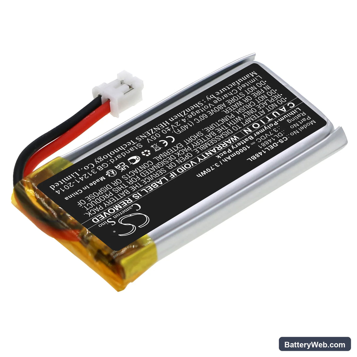 Deli 14951w Replacement Battery, 3.7V, 1000mAh, Li-Polymer 2