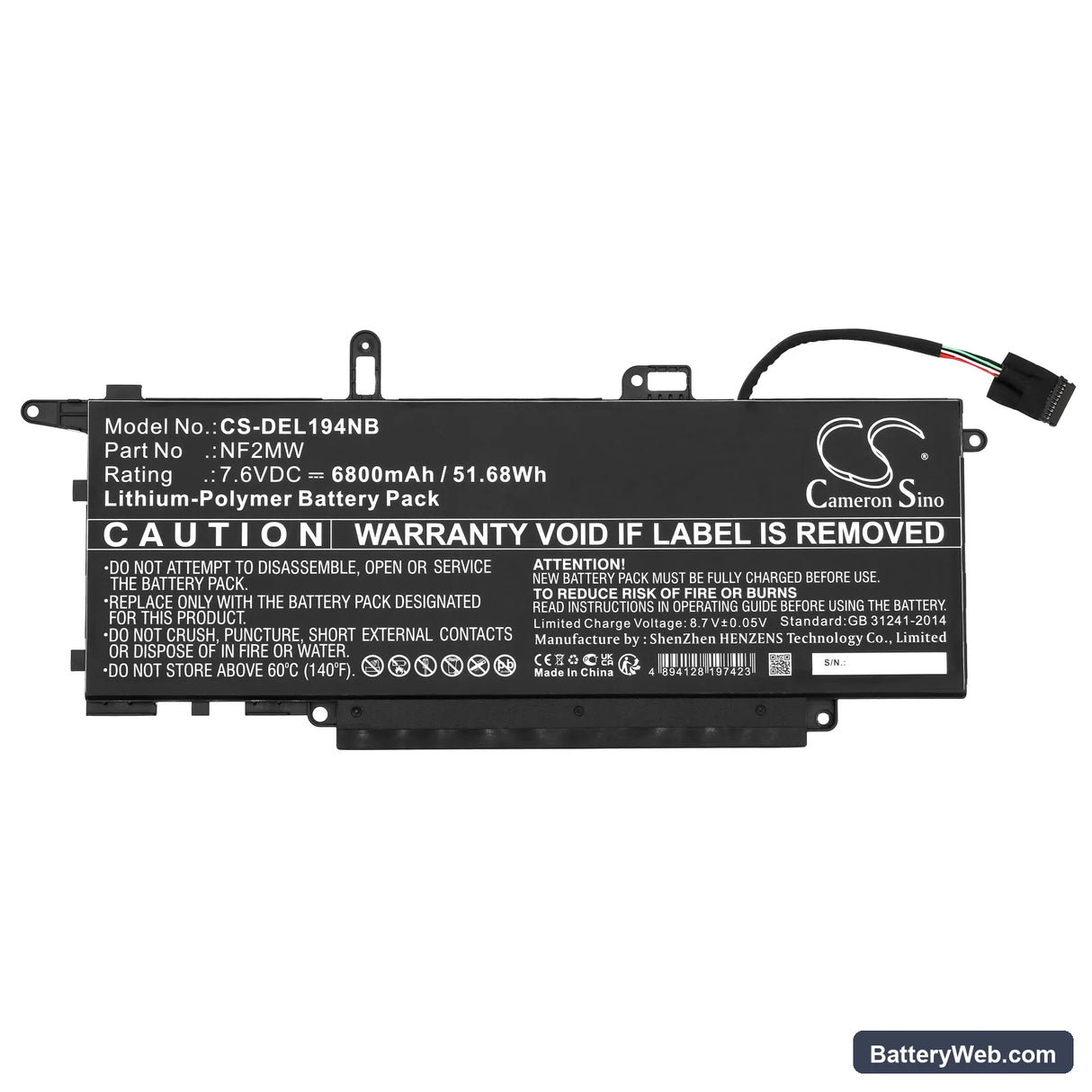 Dell Latitude 14 9410 2-in-1 Replacement Battery, 7.6V, 6800mAh, Li-Polymer 3