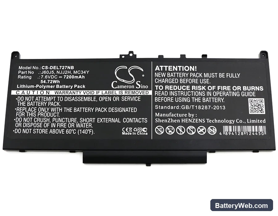 Dell Latitude 12 E7270 Replacement Battery, 7.6V, 7200mAh, Li-Polymer 3