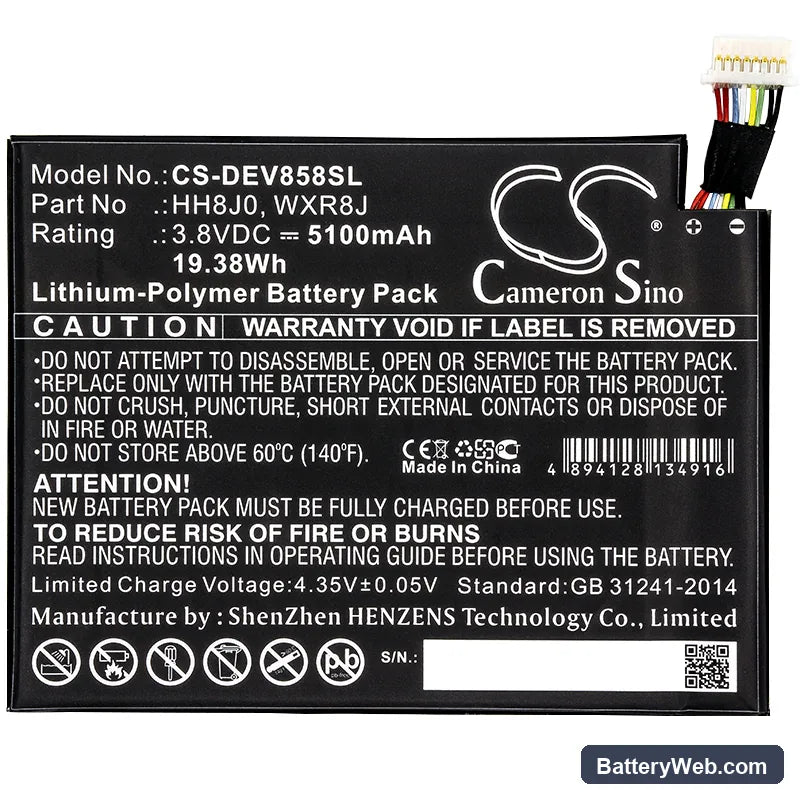 Dell Venue 8 Pro 5855 Replacement Battery, 3.8V, 5100mAh, Li-Polymer 3
