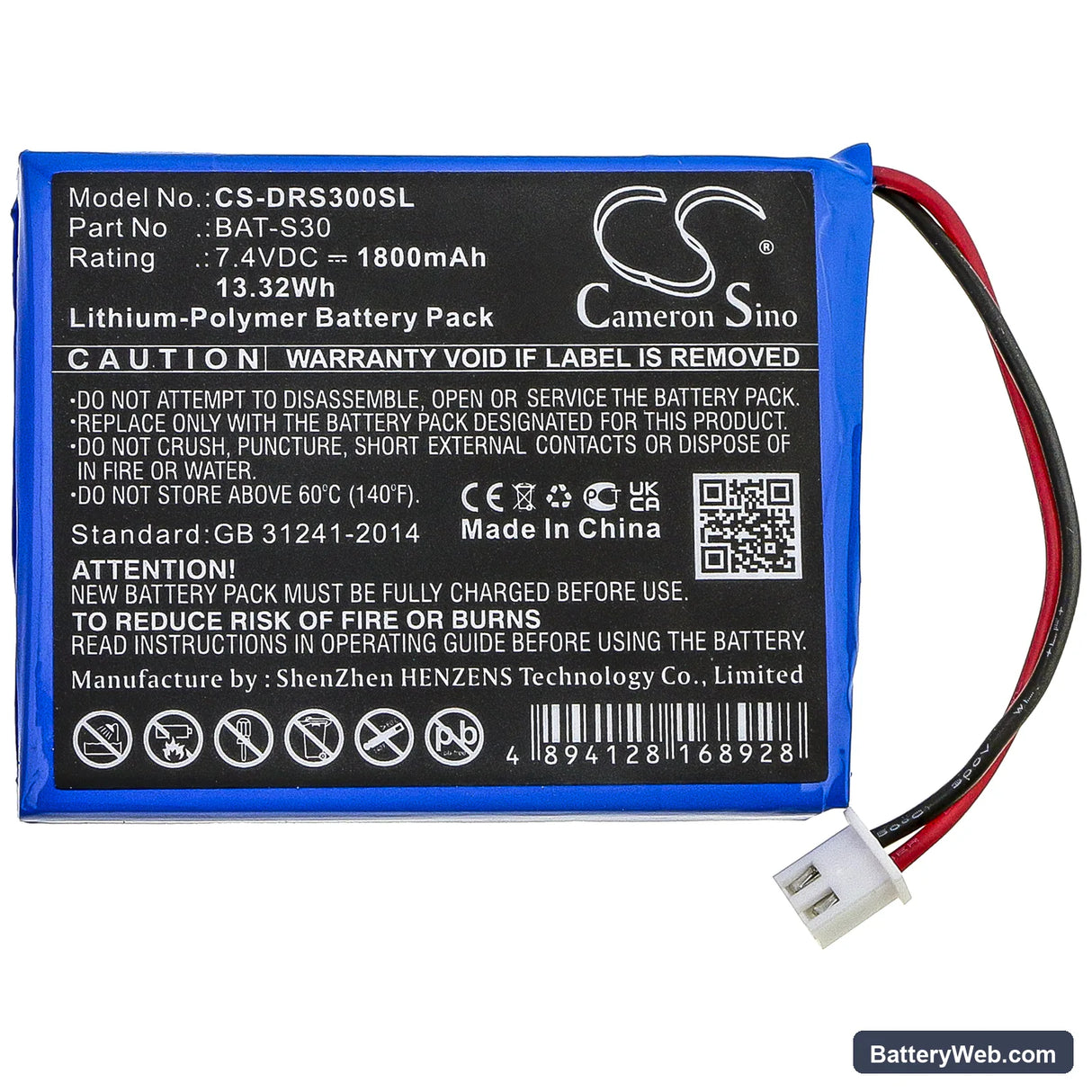 Deviser S30 Replacement Battery, 7.4V, 1800mAh, Li-Polymer 3