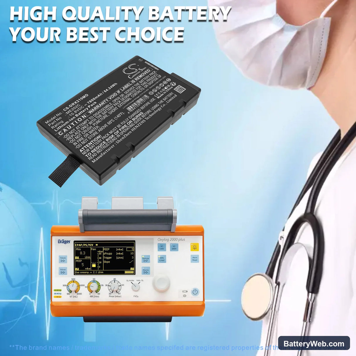 Drager Oxylog 2000 Plus Replacement Battery, 10.8V, 7800mAh, Li-ion 6