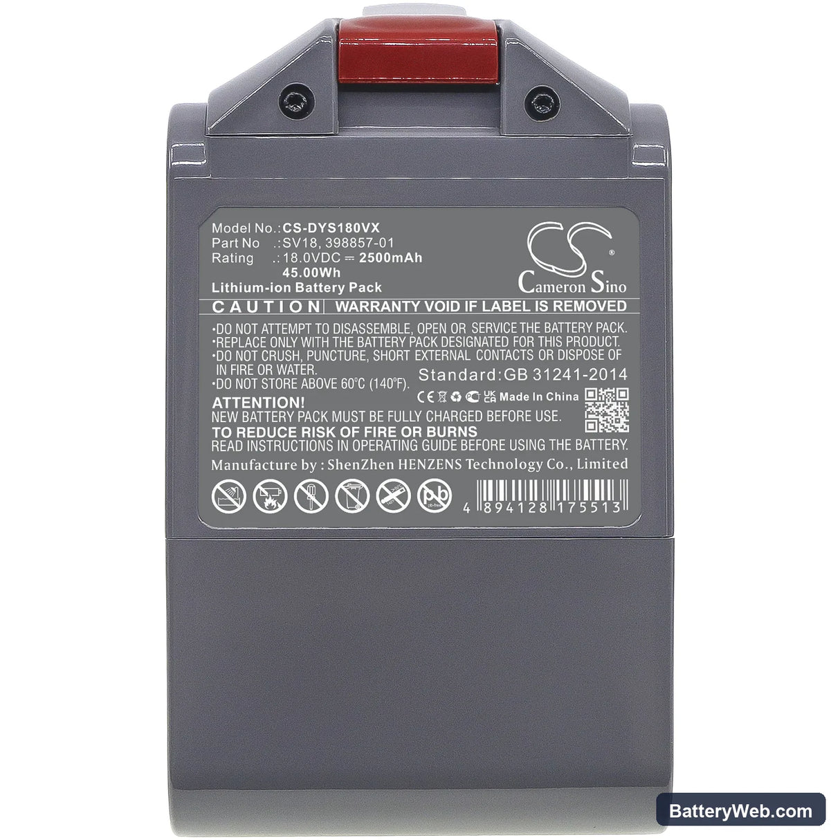 Dyson V10 Slim Replacement Battery, 18V, 2500mAh, Li-ion 5