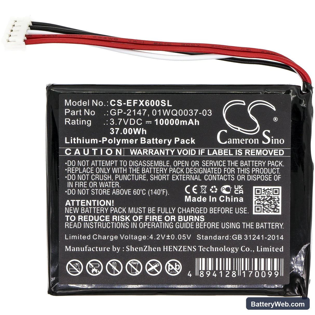 EXFO MAX-600 Replacement Battery, 3.7V, 10000mAh, Li-Polymer 3