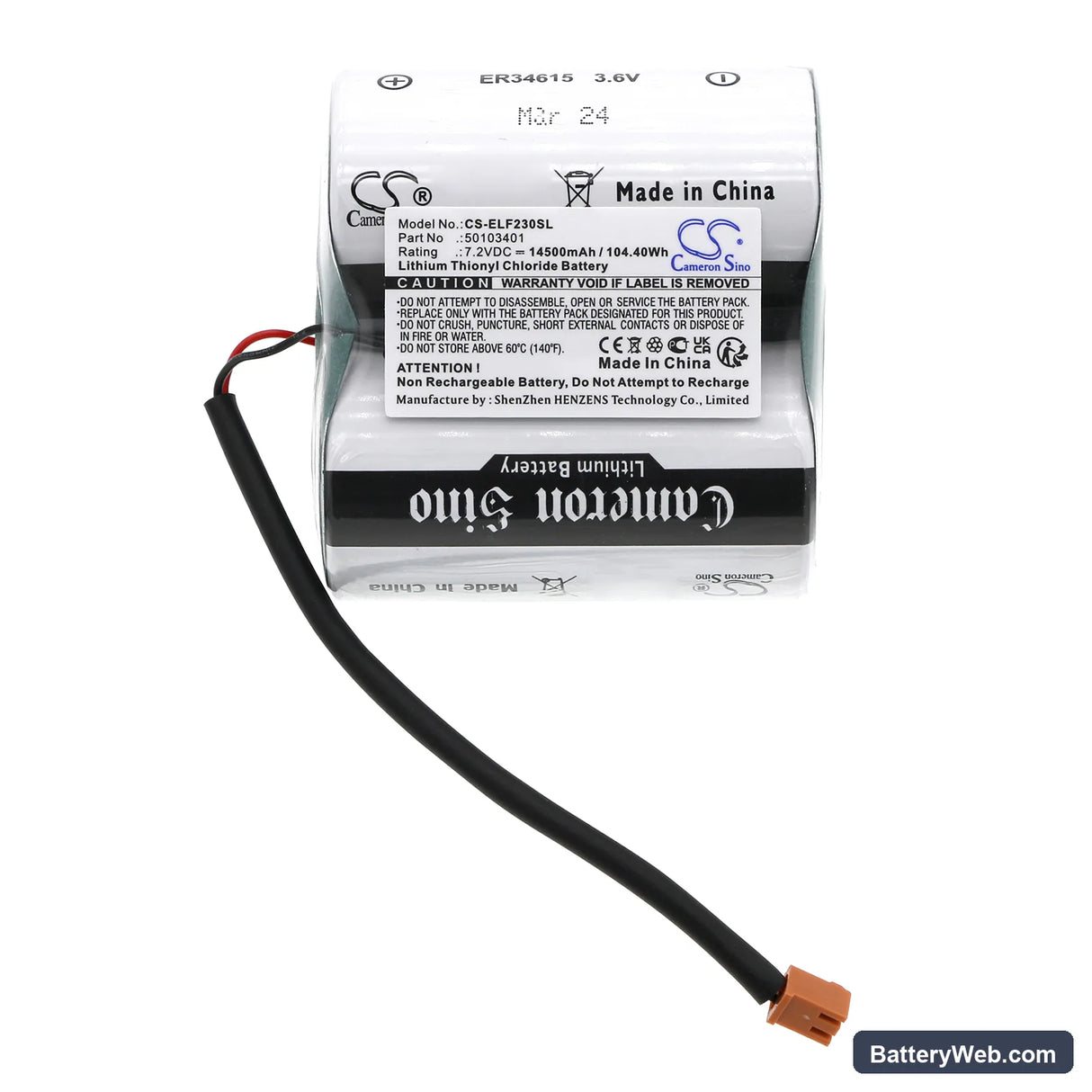 Elster FE230 Replacement Battery, 7.2V, 14500mAh, Li-SOCl2 3