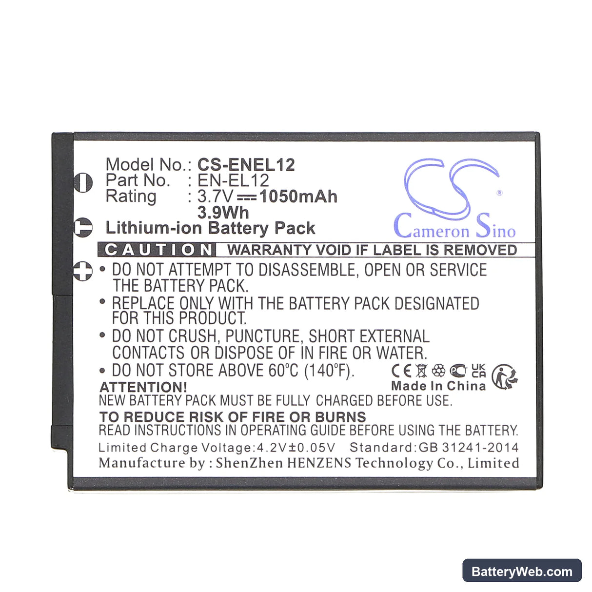 NiKon Coolpix S610 Replacement Battery, 3.7V, 1050mAh, Li-ion 3